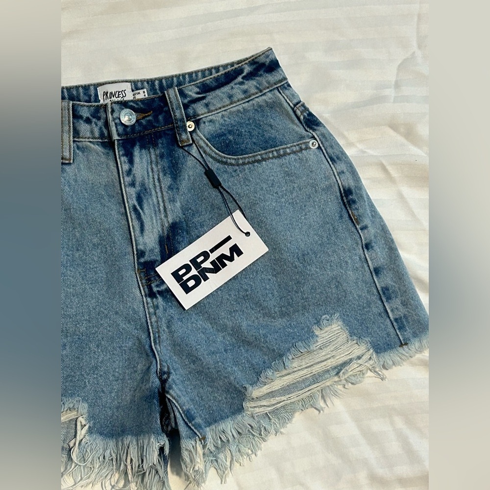 Princess Polly Light Blue High-Waist Distressed Denim Jean Shorts - Picture 3 of 8